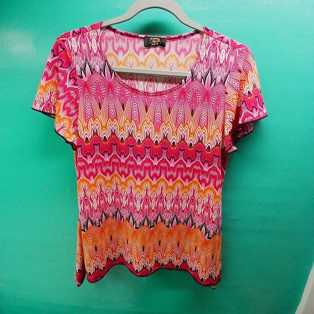 Shannon Ford Petite Blouse PM Pink Orange‎ Zigzag Geometric Flutter Sleeve Boho